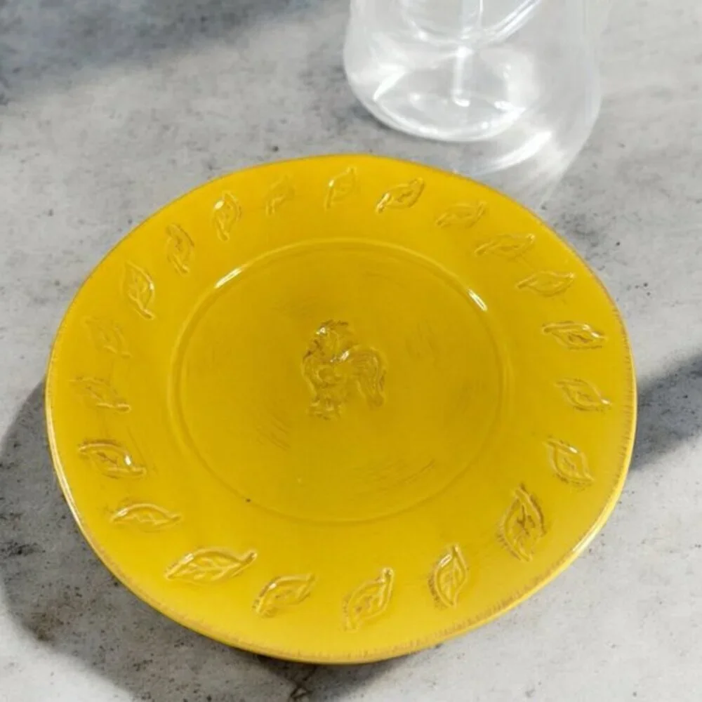 Home Hand Painted Yellow Rooster Chicken Plate Dish‎ Set 2 Round Primitive Style
